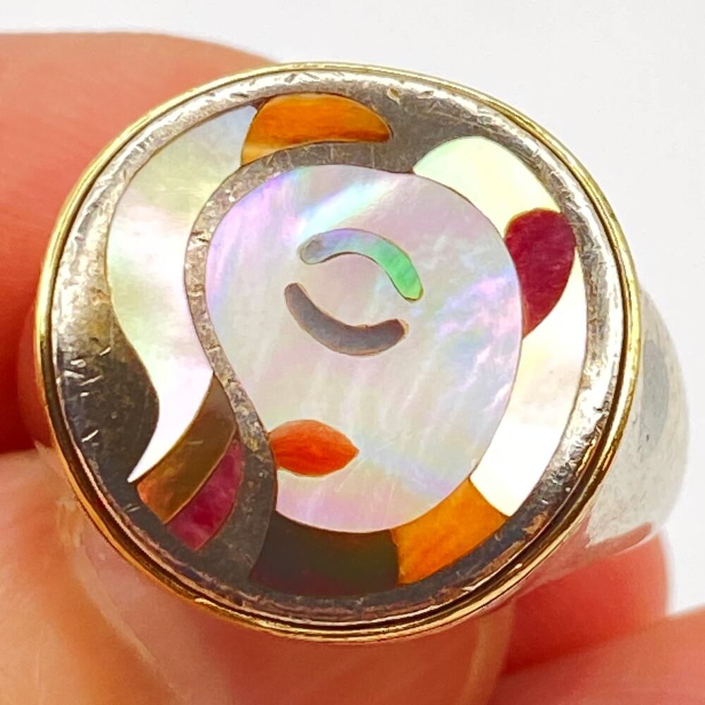 ERIC GROSSBARDT PICASSO Ring 18K Solid Gold 925 Sterling Inlaid MOP - Size 7 1/2